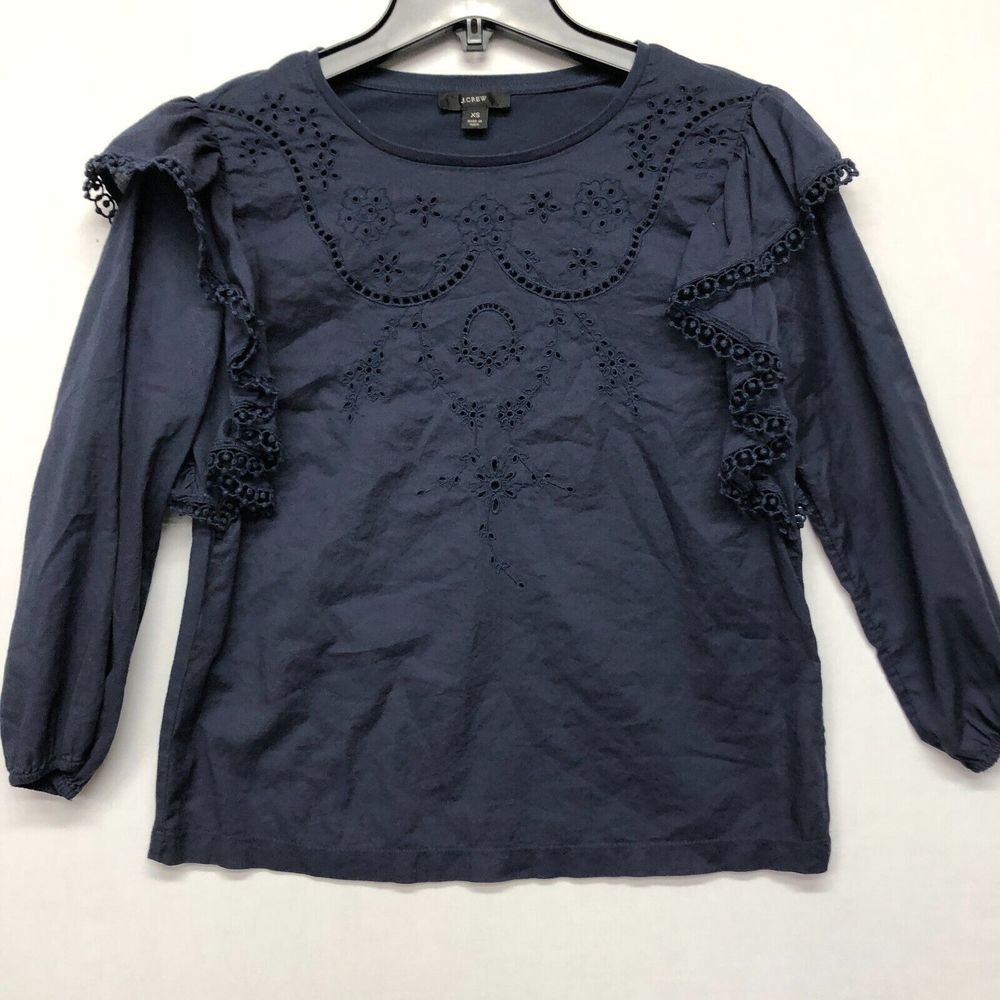 J. CREW Embroidered Ruffle Sleeve Top Blouse Navy Blue Size Extra Small M115 -22 - Picture 10 of 13